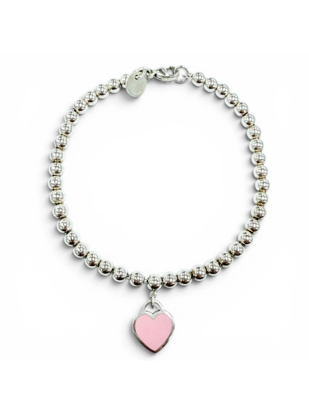 Tiffany & Co. Silver Bead Bracelet with Pink Heart Pendant